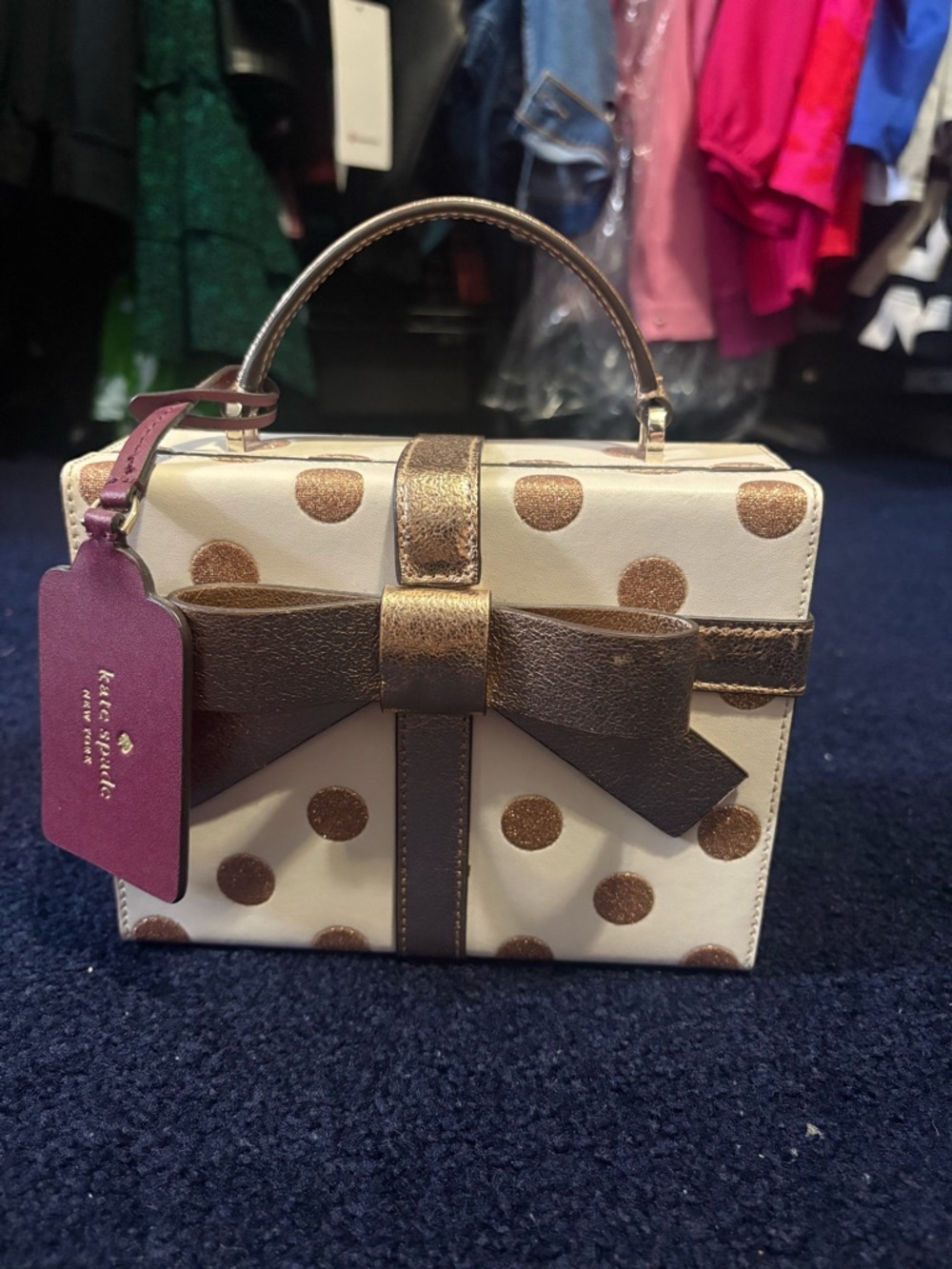 kate spade cream and gold polka dot bow mini box present gift handbag